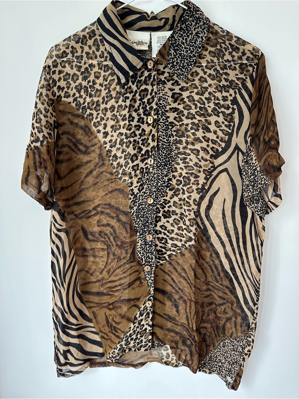 Vintage Disney World Mixed Animal Print Short Sleeve Sheer Brown & Black Blouse